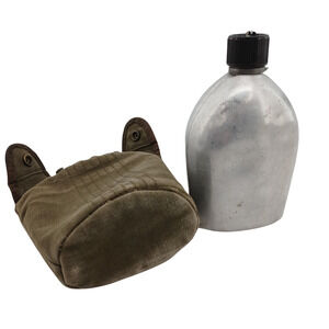 VTG Army Military Metal Aluminum Water Canteen w Canvas Cover Field Gear Japan